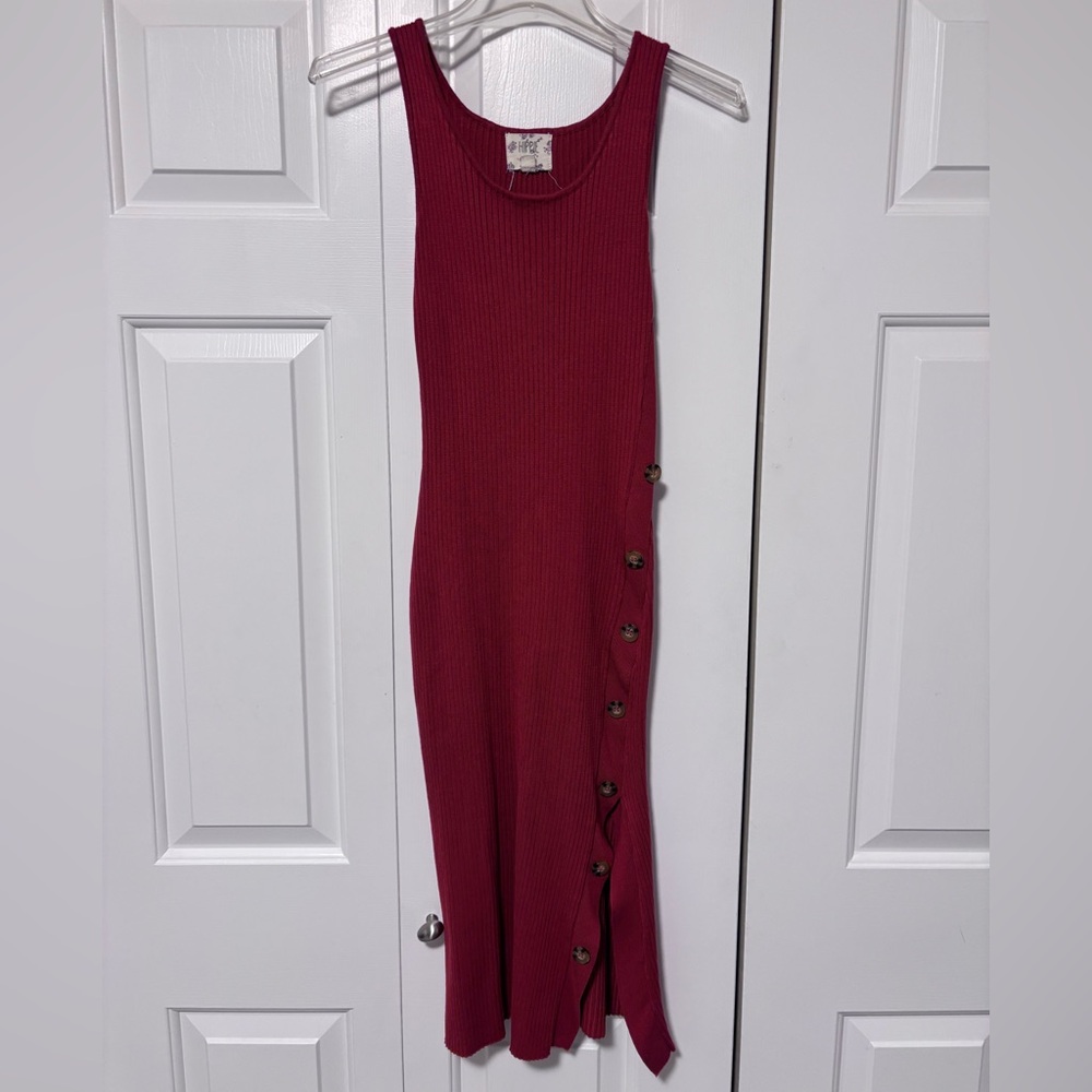 3/$30 Mix & Match Hippie Rose Burnt Orange Midi Ribbed Dress, Button Detail, M